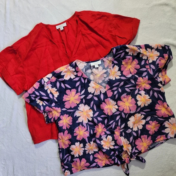 Set Of 2 Charter Club Luxury 100% Linen Red And Floral Tie-Front Top Size XXL - Picture 1 of 12